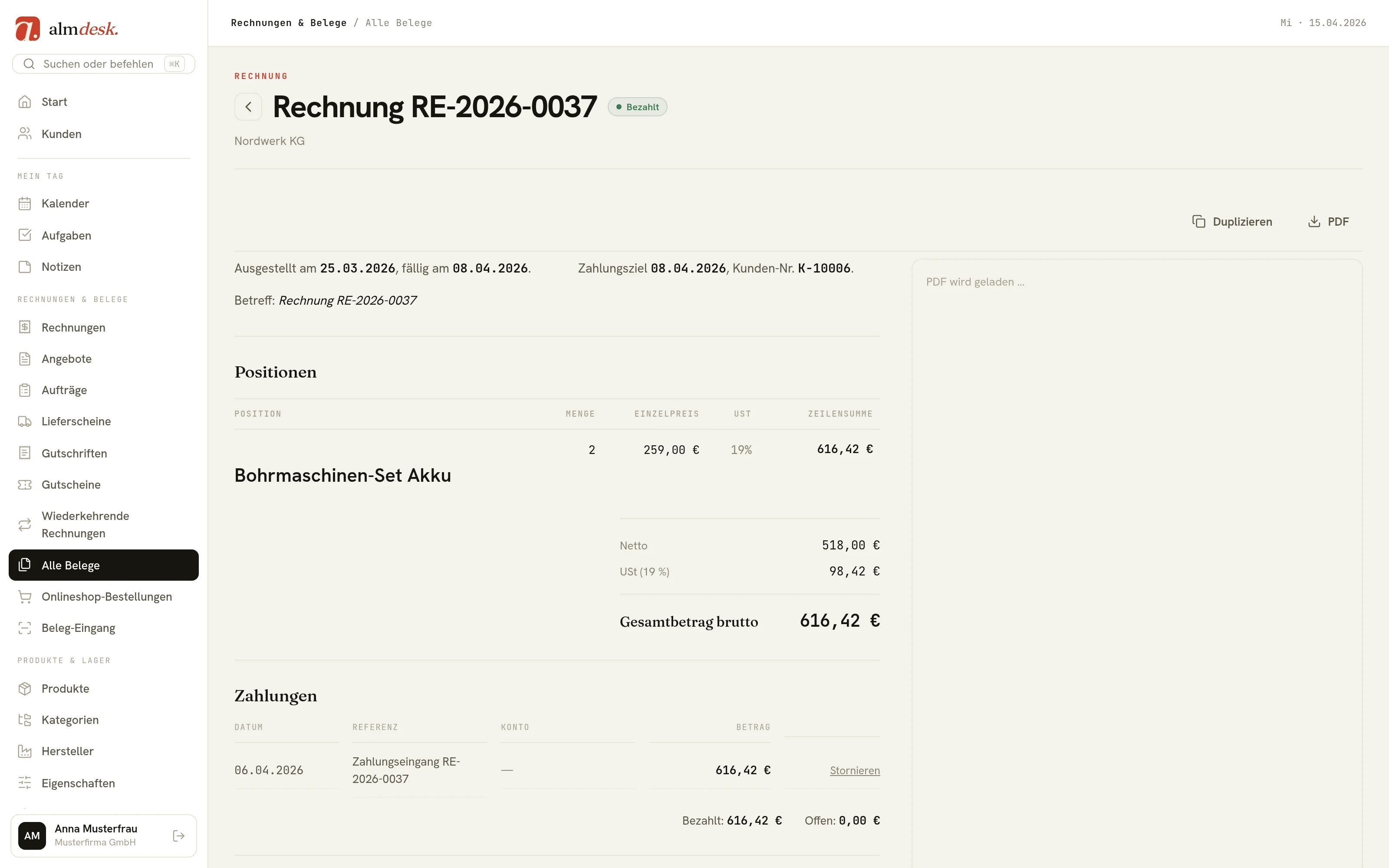 almdesk-Rechnung RE-2026-0037 an Nordwerk KG, Status „Bezahlt", mit Positionen und Brutto-Betrag 616,42 Euro