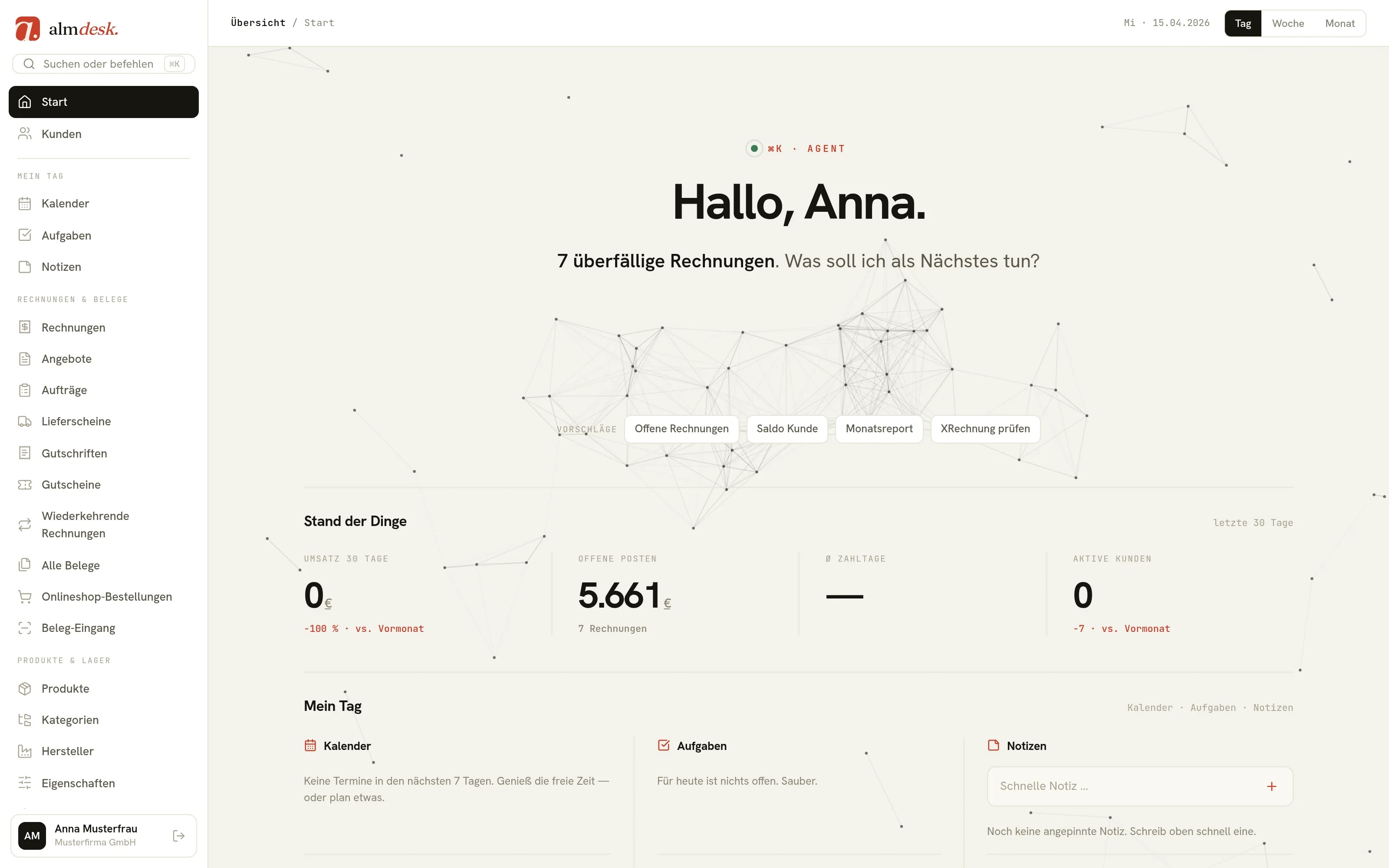 almdesk-Dashboard mit Begrüßung, Eingangs-Stapel, Umsatz-Chart und der ⌘K-Befehlszeile als Buchhaltungs-Cockpit