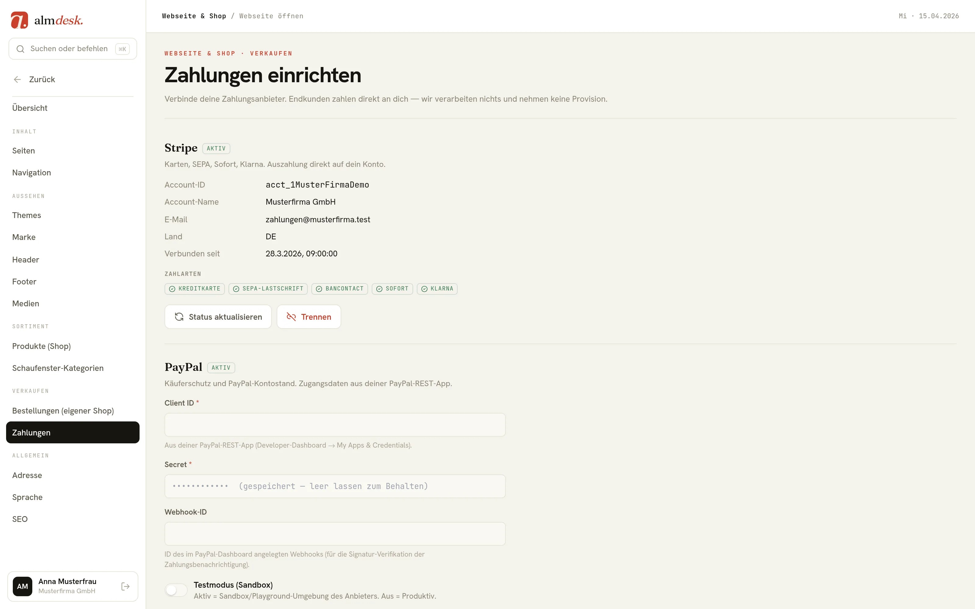 Zahlungsanbieter im almdesk-Admin einrichten: Stripe und PayPal verbunden, mit Karte, SEPA, Sofort und Klarna