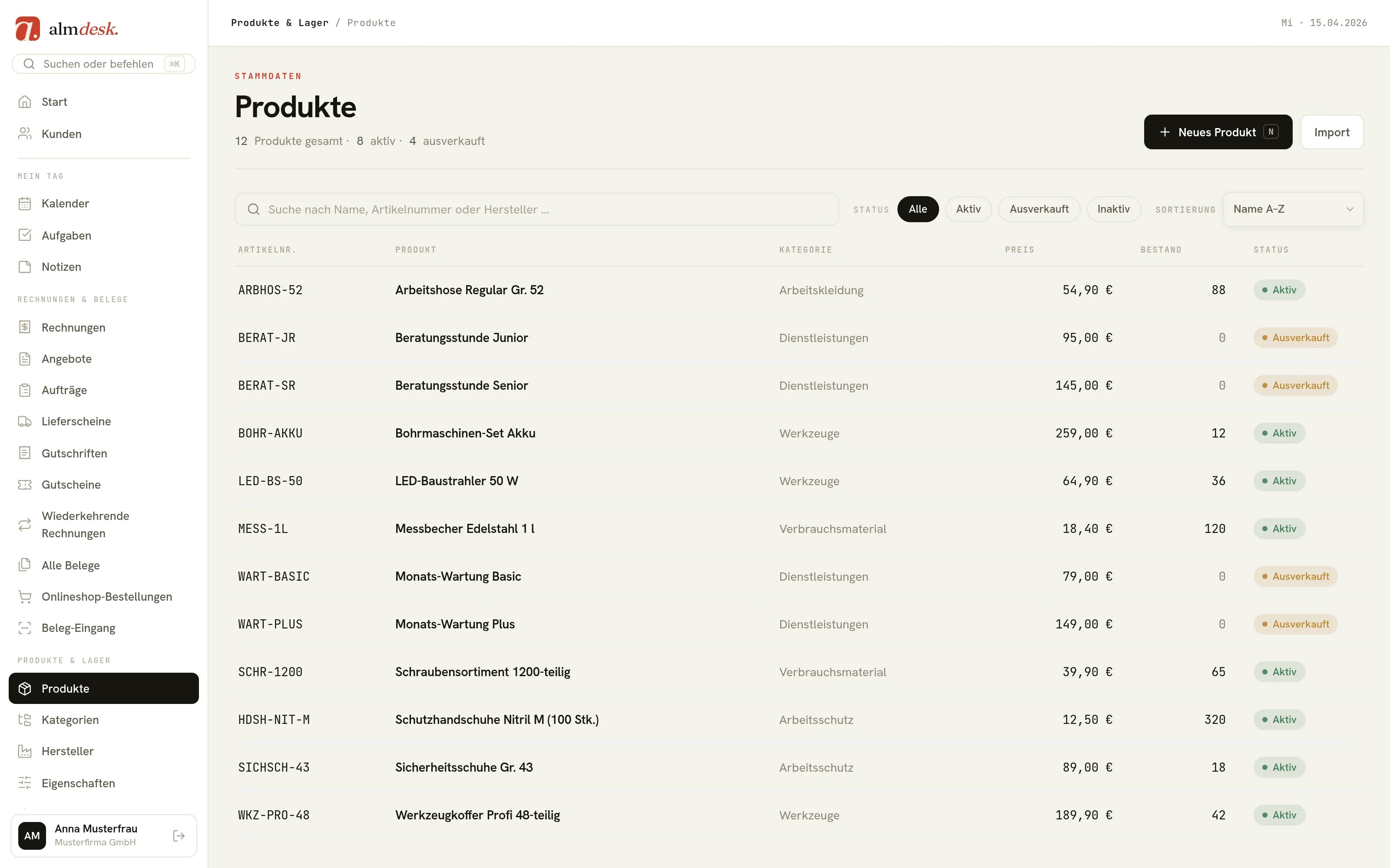 Produktliste in almdesk mit Aktiv-Schaltern, Preisen und Beständen — Grundlage der Shop-Anbindung