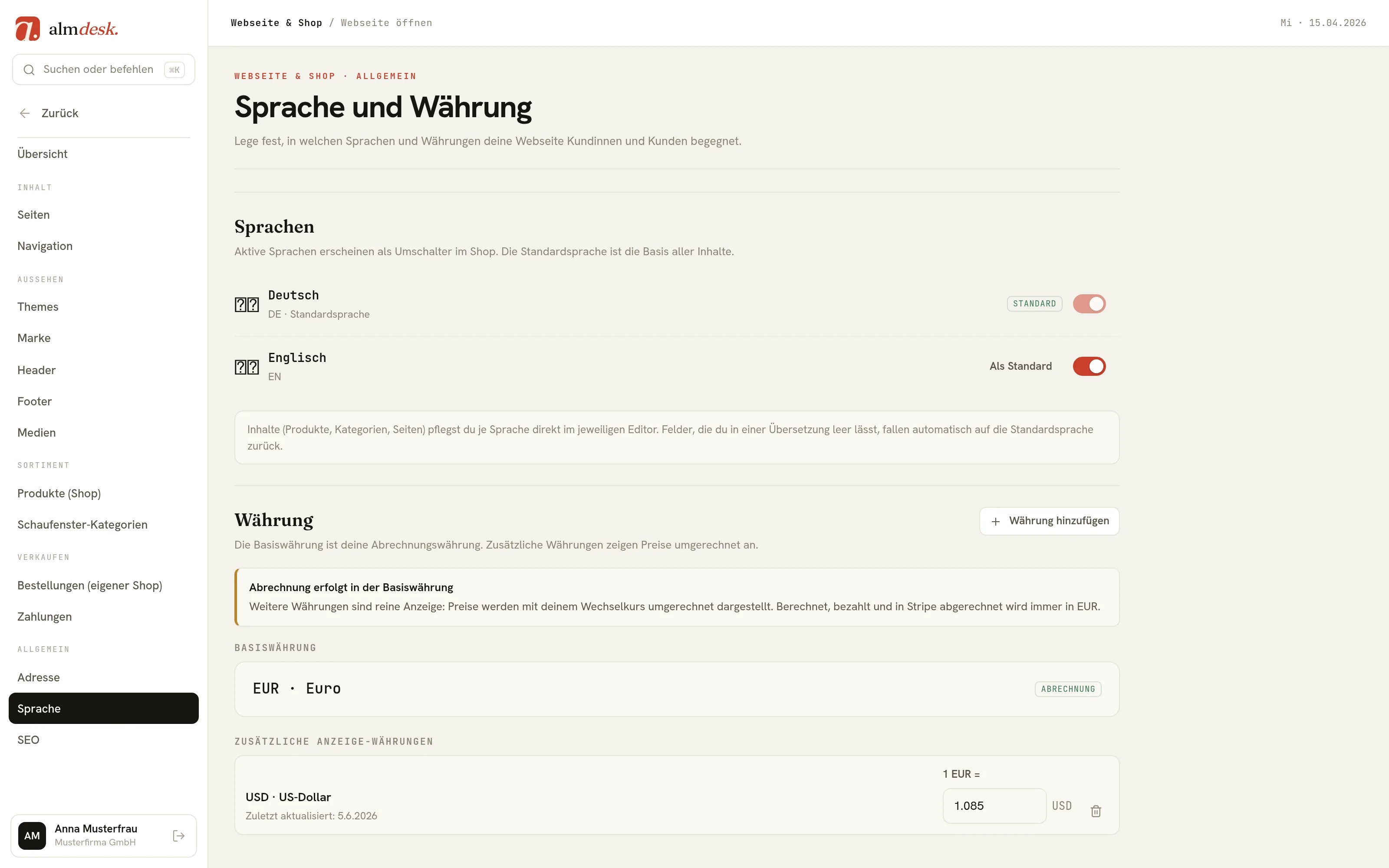 Sprach- und Währungsverwaltung des eigenen almdesk-Shops mit aktiver zweiter Sprache