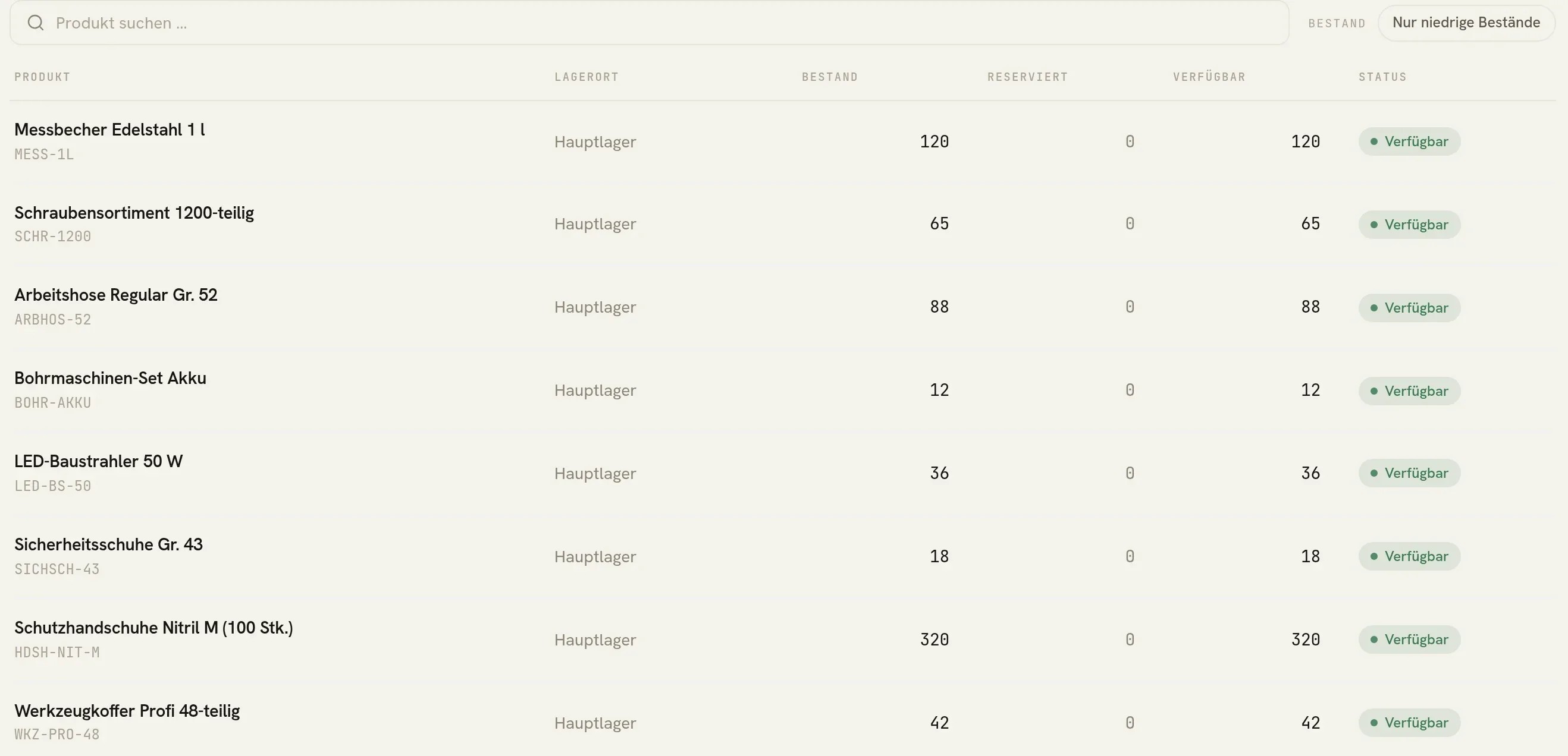 Lager in almdesk: Artikel mit Lagerort, Bestand, reserviert, verfügbar und Status, darüber Suche und Filter