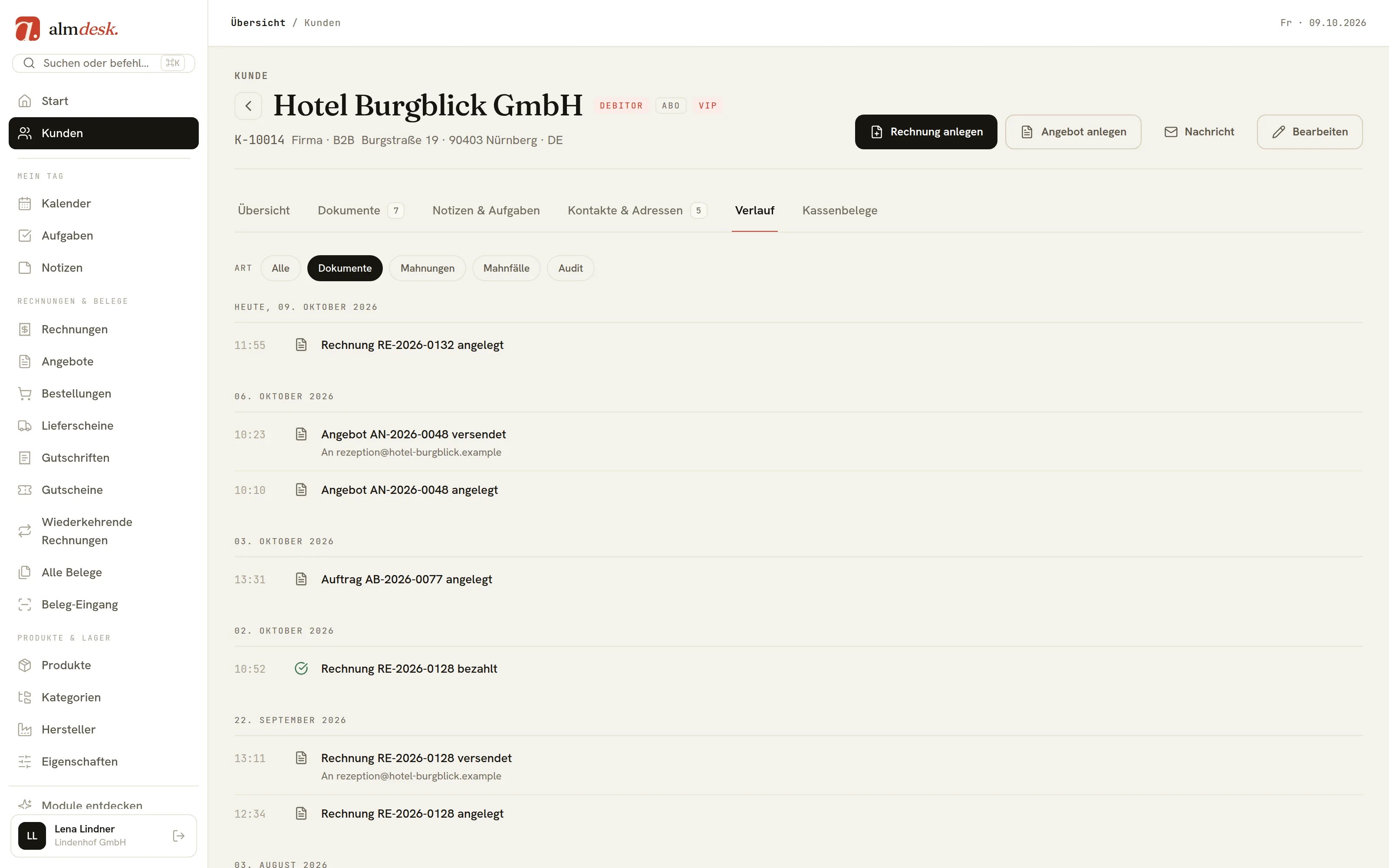 Kundenseite der Hotel Burgblick GmbH in almdesk, Reiter „Verlauf“: welches Angebot, welcher Auftrag und welche Rechnung wann angelegt, versendet und bezahlt wurde