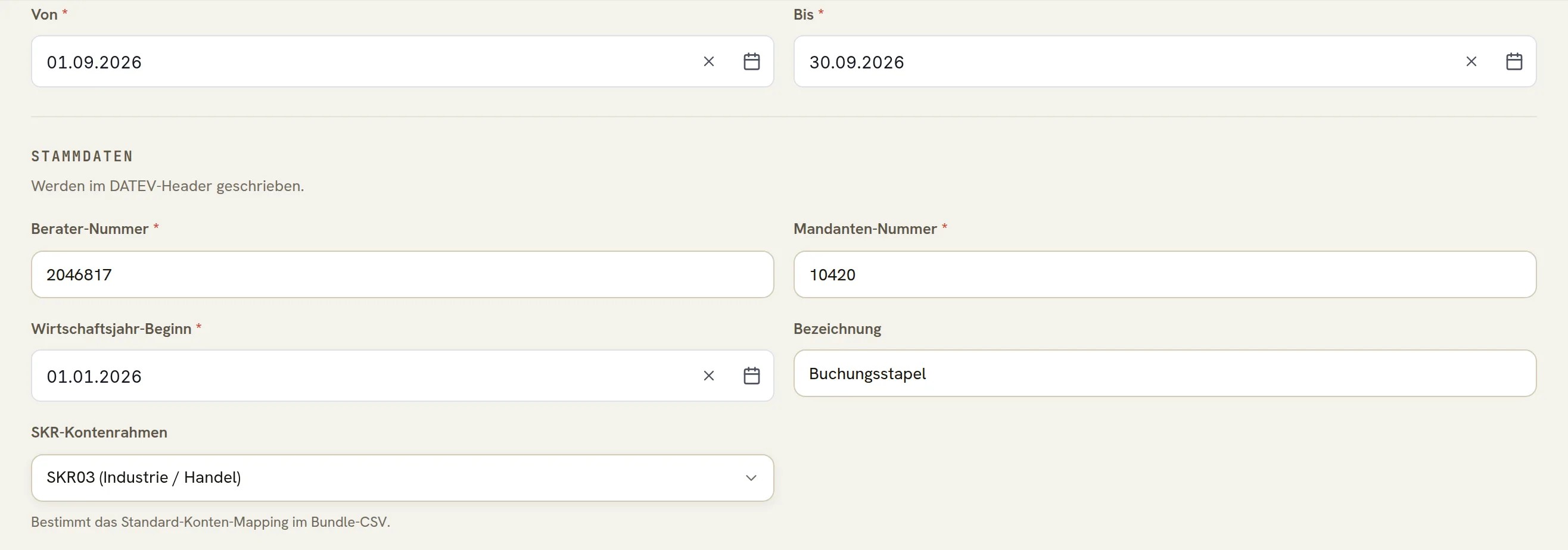 DATEV-Export in almdesk: Zeitraum 01.09. bis 30.09.2026, Berater- und Mandantennummer, Beginn des Wirtschaftsjahres, Bezeichnung und Kontenrahmen SKR03