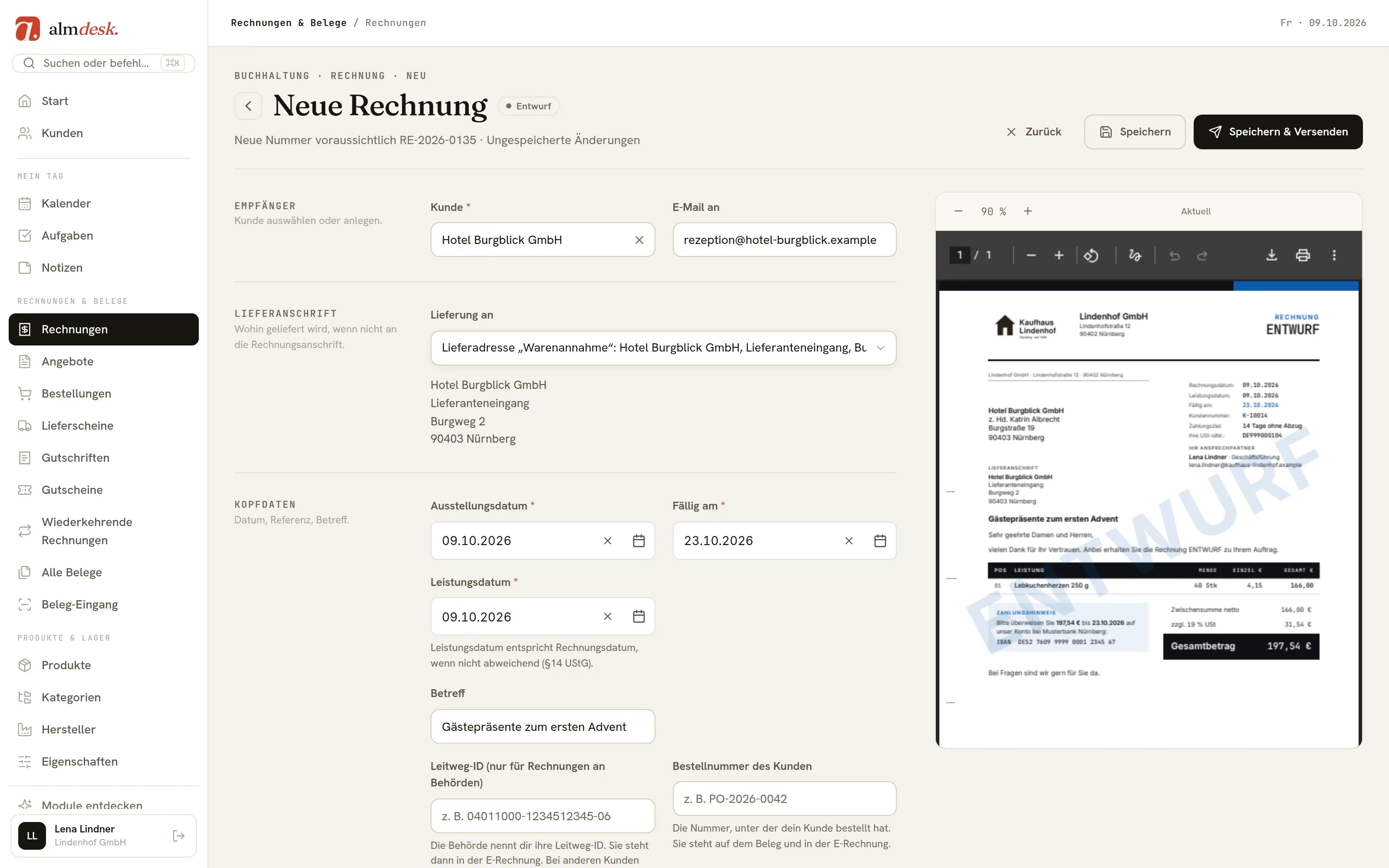 Neue Rechnung in almdesk an die Hotel Burgblick GmbH mit abweichender Lieferanschrift; rechts läuft die PDF-Vorschau mit, im Entwurf mit Wasserzeichen