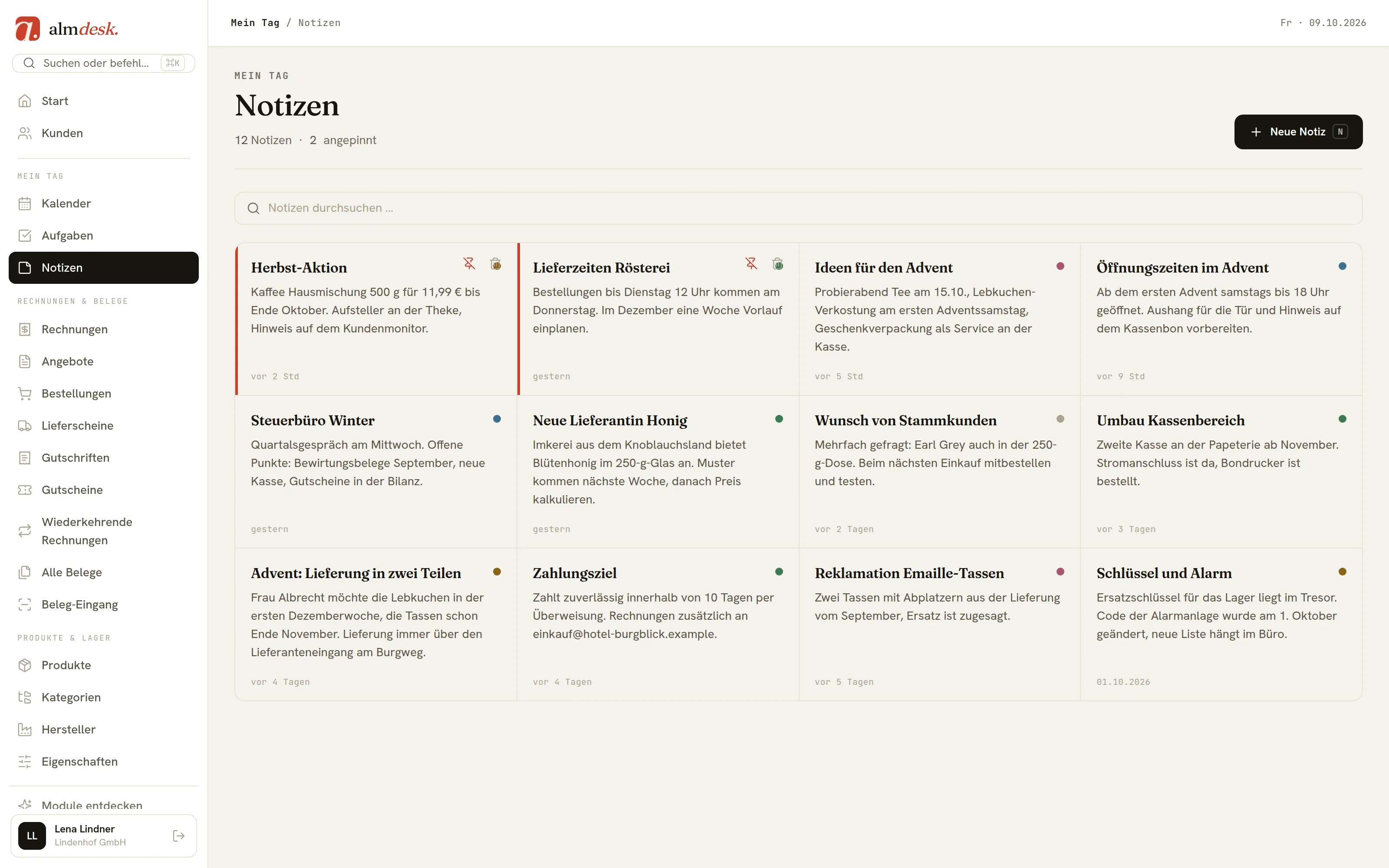 Notizen in almdesk: zwölf Notizen mit Farben, zwei davon angepinnt, mit Suchfeld und dem Bereich „Mein Tag“ in der Seitenleiste