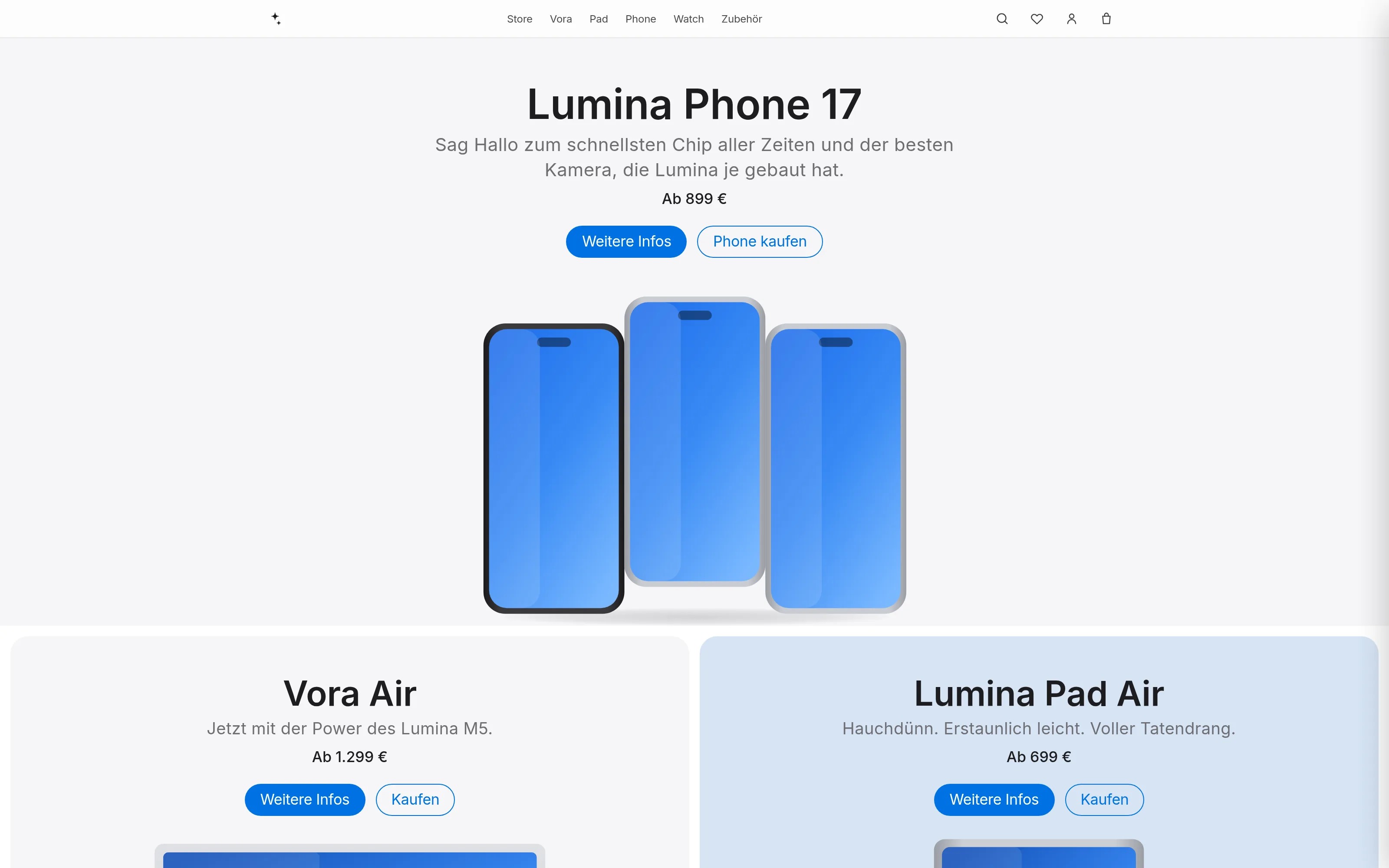 Live-Demo des Lumina-Themes: minimalistische Produktseite auf Weiß mit zentriertem Headline „Lumina Phone 17" und drei freigestellten Smartphones