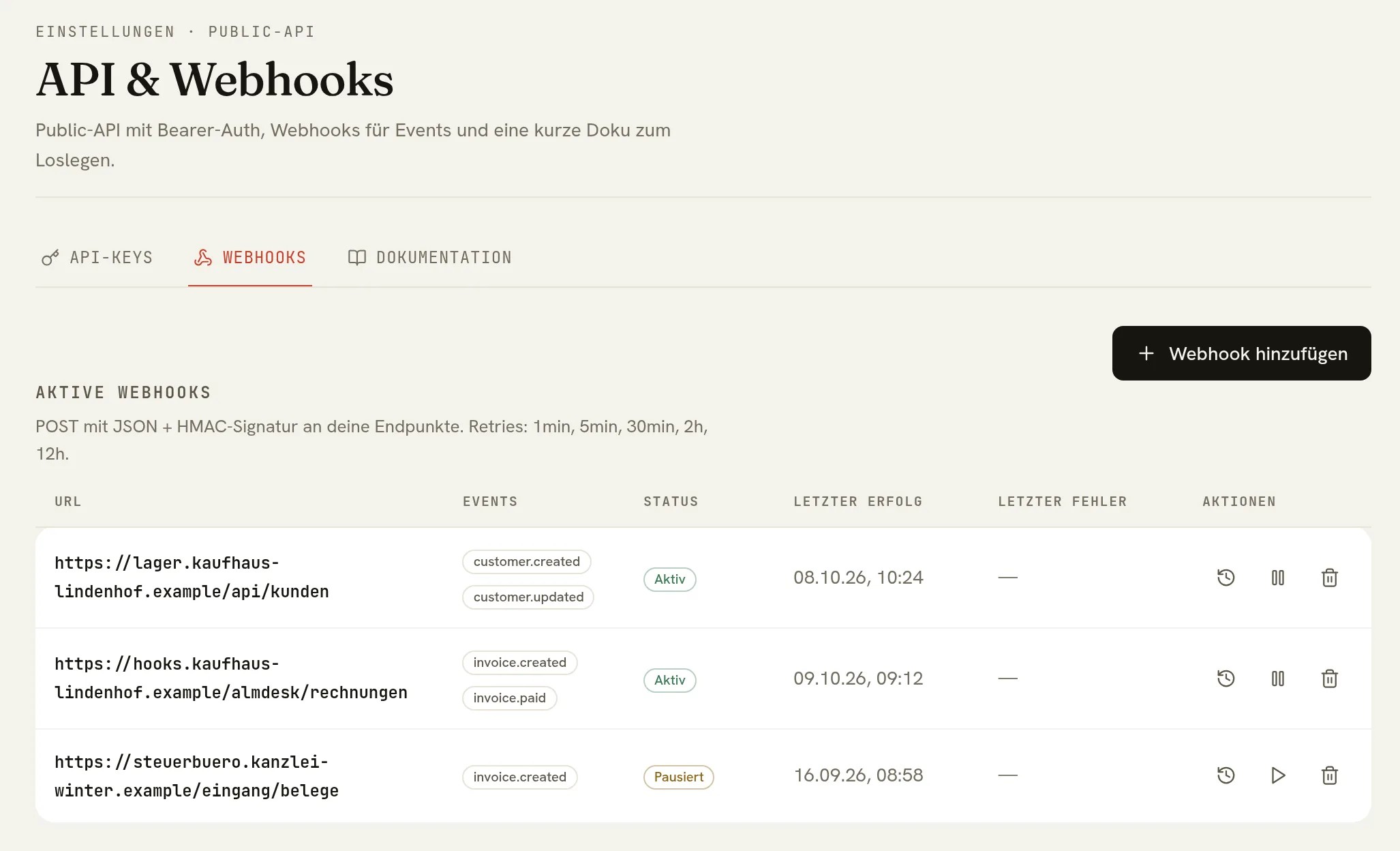API & Webhooks in almdesk, Reiter „Webhooks“: drei Webhooks mit Adresse, Ereignissen, Status und letztem Erfolg, einer davon pausiert